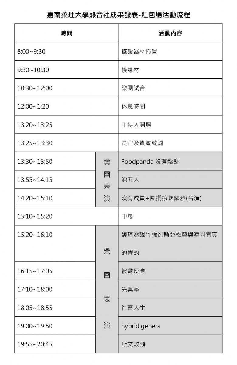 熱音社成果發表活動流程