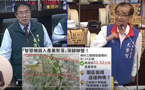議員尤榮智市政總質詢-智慧機器人產業入主台南柳科，怕面積不足，黃偉哲說可跟工研院合作