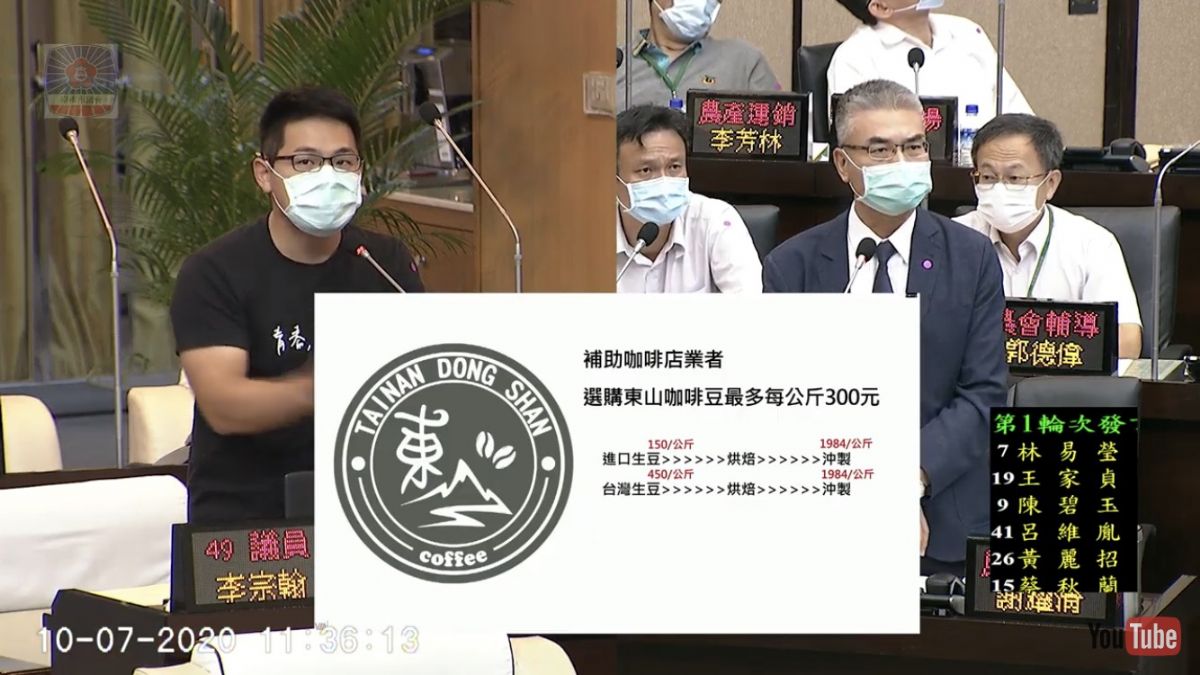 議員李宗翰-認證東山咖啡豆，農業局允補助咖啡館業者採購每公斤300元