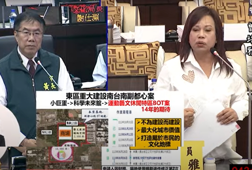 議員曾培雅市政總質詢-賴清德99年孵的小巨蛋，至今未孵出，請黃偉哲跟賴總統爭取