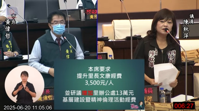 議員陳秋萍自由發言-提升里長文康經費及基層建設經費、評估遷移永康拖吊場